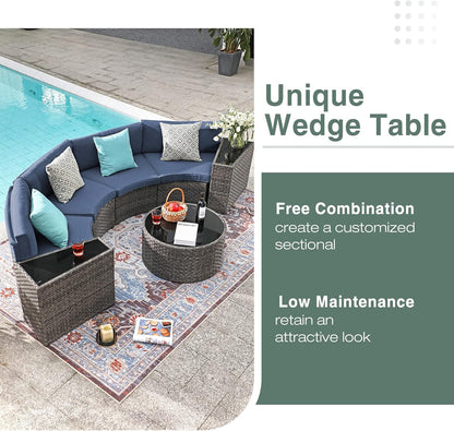SUNSITT Outdoor Patio Furniture Sectional 7-Piece Half-Moon Curved Outdoor Sofa Set with Round Coffee Table, 4 Pillows & Waterproof Cover, Grey Rattan & Denim Blue Cushion