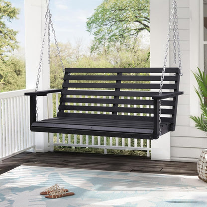 Wooden Porch Swing with Cup Holder, Outdoor Patio Swing Bench for Courtyard & Garden, Upgraded 4 FT Heavy Duty 880 LBS Porch Swing, Outdoor Swing with Hanging Chains, Black