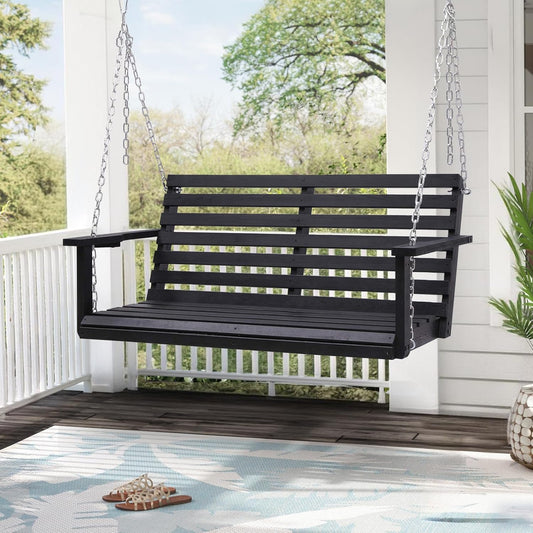 Wooden Porch Swing with Cup Holder, Outdoor Patio Swing Bench for Courtyard & Garden, Upgraded 4 FT Heavy Duty 880 LBS Porch Swing, Outdoor Swing with Hanging Chains, Black