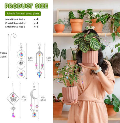 HDCRYSTALGIFTS 4 Pack Small Trellis with Crystal Sun Catchers for Potted Plants Decorations 13.5'' Indoor Plant Stake Suncatcher Accessories for Home Window Garden, Sliver