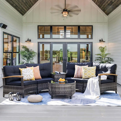6 Piece Outdoor Patio Furniture Set, Half-Moon Curved Sectional Set with Wood Armrests, Patio Conversation Set, Tempered Glass Coffee & Side Tables (Grey)