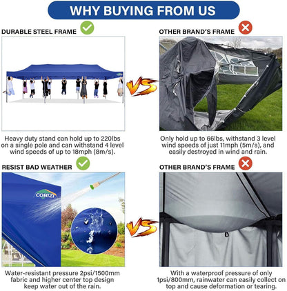 COBIZI 10x30 Pop Up Canopy Without Sidewall,Heavy Duty Canopy UPF 50+ All Season Wind Waterproof Commercial Outdoor Wedding Party Tents for Parties Canopy Gazebo with Roller Bag(10 x 30 ft Dark Blue)
