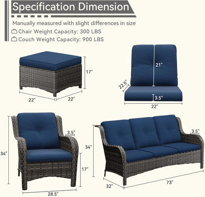 7 Pieces Outdoor Patio Conversation Set, Wicker Furniture Set Includes 3-Seat Sofa, Patio Rattan Dining Chair Set of 4, 2 Ottomans, for Porch, Yard, Mixed Brown Rattan, Blue