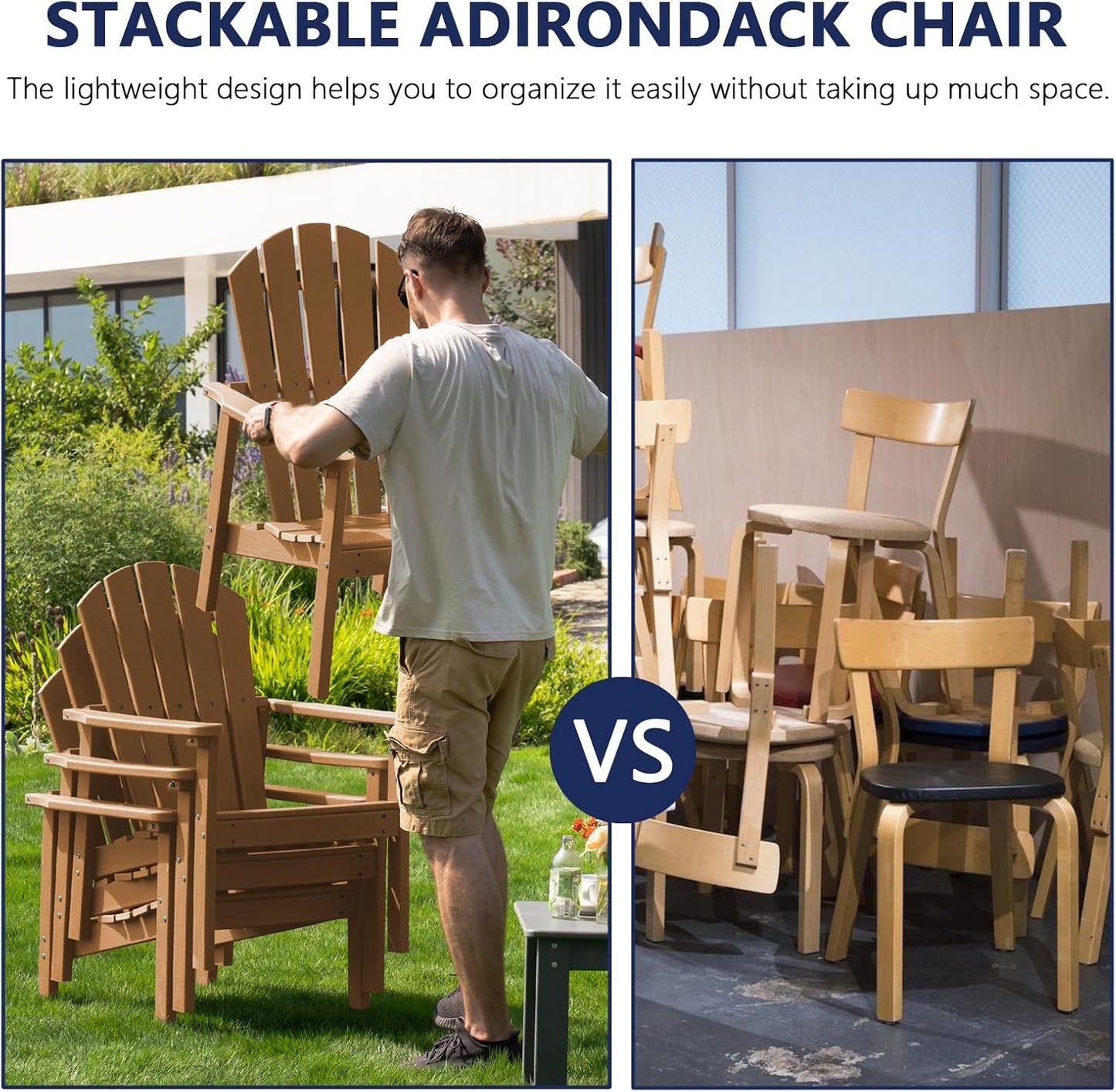 Stackable Adirondack Chair Set of 4, HDPE Outdoor Patio Chair - Durable and Space Saving, Suitable for Porches, Lawns or Garden, Teak