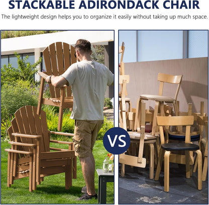 Stackable Adirondack Chair Set of 4, HDPE Outdoor Patio Chair - Durable and Space Saving, Suitable for Porches, Lawns or Garden, Teak