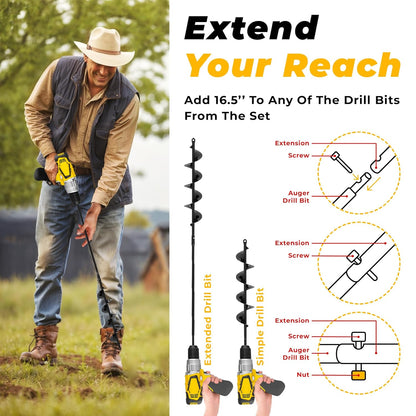 Auger Drill Bit for Planting 2x32'' - with Extension - Spiral Hole Planter for Bulbs, Fence Posts, and Umbrella Holes - 3/8'' Hex Drive Drill- Gardening Hole Digger Yard Tools