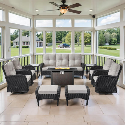 Expansive 10 Pieces Outdoor Patio Furniture Set with 43” Propane Fire Pit Table, Patio Conversation Set with Swivel Rocker Outdoor Chairs Set of 4 and Sofa, Ottoman and Wicker Side Table Black