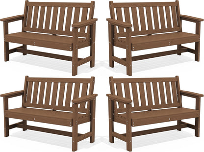 SERWALL Outdoor Bench, HDPE Outdoor Benches Weatherproof, 2-Person Garden Bench with 660 lbs Weight Capacity, Patio Benches for Outdoors, Garden, Porch, Backyard and Park, Brown, 4 Pack