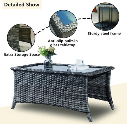 Patio Tables Wicker Coffee Table - Outdoor Rattan Coffee Tables with Glass Top for Patio Proch Deck Balcony Rectangle Mixed Grey