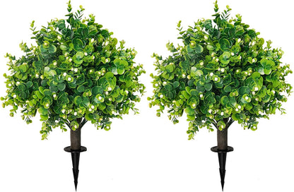 Artificial Boxwood Topiary Ball Trees 21.6" Tall UV Resistant Artificial Bushes, Set of 2 Faux Plants with Spike Easy to Push in The Ground for Indoor Outdoor Garden