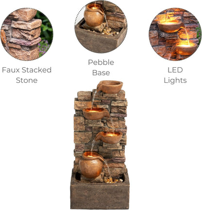 Teamson Home 28.5" Outdoor 4-Tier Stacked Stone Cascading Water Fountain with LED Lights, Brown