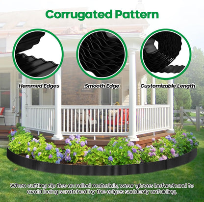 Corrugated Metal Garden Edging,Sturdy Tall Landscape Edging Borders with 6pcs Anchor Stakes, Perfect DIY for Flower Beds, Lawn and Pathway,Tree Surrounds,Paver Edges (Black 6"×20FT)