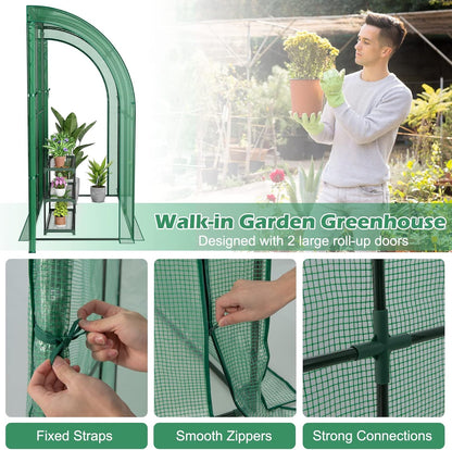 SAFSTAR Greenhouse, 7' x 3.5' x 7' Mini Lean-to Walk-in with 3-Tier Flower Rack, Roll-Up Zipper Doors, Weatherproof PE Cover, Indoor/Outdoor Garden Greenhouse