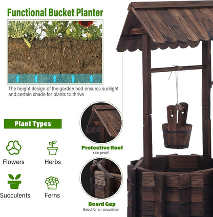 Garden Wooden Decor Rustic Wishing Well Planter Outdoor Home Décor for Patio, Upgrade Wishing Well Garden, Yard Hanging Bucket Patio Lawn Backyard Home Decor