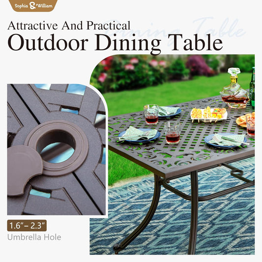 Sophia & William 7 Pieces Cast Aluminium Patio Dining Set for 6, Outdoor Swivel Rocking Chairs and Rectangular Table with 2.3" Umbrella Hole for Porch Backyard Deck, Bronze