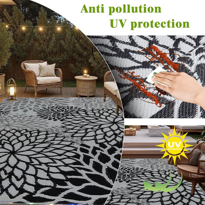 Outdoor Rug 9x12 ft with LED Light, Waterproof Reversible Outdoor Plastic Straw Rug for Patios Clearance, Large Outdoor Area Rug Carpet RV Mat for Camping Backyard Deck Porch Beach