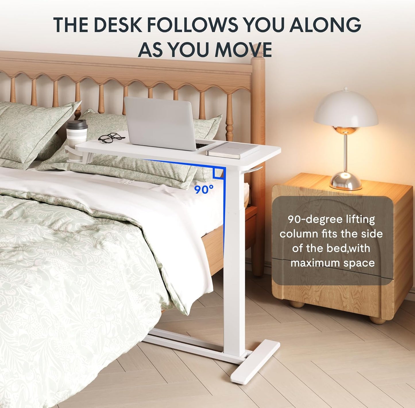 FLEXISPOT Adjustable C Table with Wheels, Mobile Snack Side End Table Sofa Couch Bedside Table Laptop Rolling Cart TV Tray Night Stand Small Space Side Table,(27.6" W x 15.7" D,White)