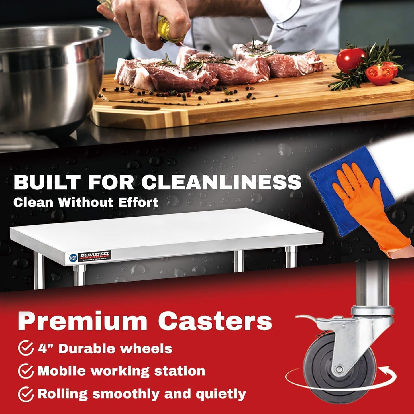 DuraSteel 24x60 NSF Stainless Steel Cart - Heavy Duty Food Prep Table with Undershelf - Rolling Kitchen Island on Wheels for Commercial Restaurant Kitchen, Garage, Outdoor Cooking, BBQ Grill, Counter
