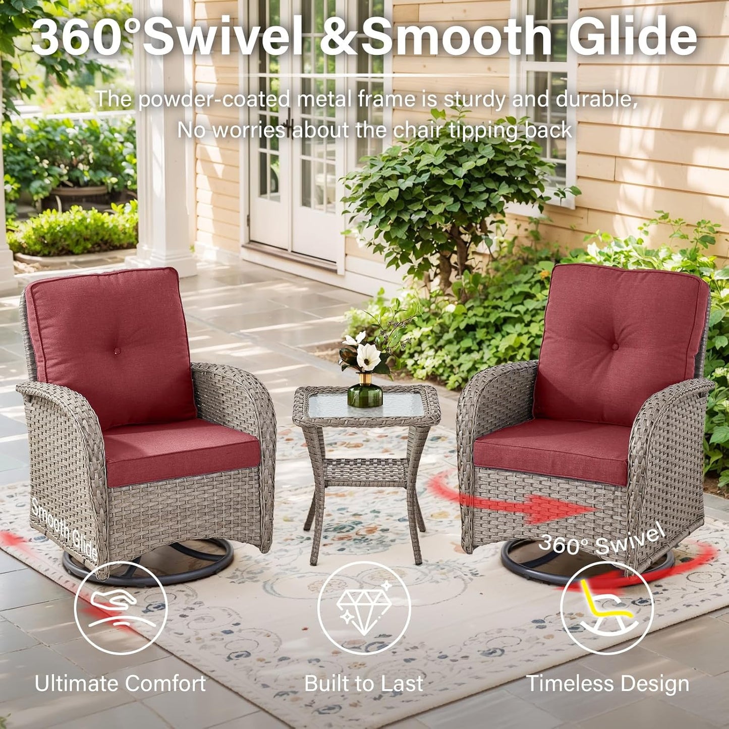 5 Piece Outdoor Patio Furniture Set with 50000 BTU Propane Fire Pit Table, Deep Seating Wicker Swivel Rocker Chairs and Loveseat Glider Patio Conversation Set for Poolside Deck Backyard