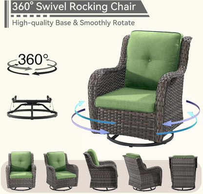 Wicker Patio Furniture Set 8-PCS with A 3-Seat Sofa, 2 Swivel Rocking Chairs, 2 Armchairs, 2 Ottomans and 1 Side Table Patio Conversation Set, Green
