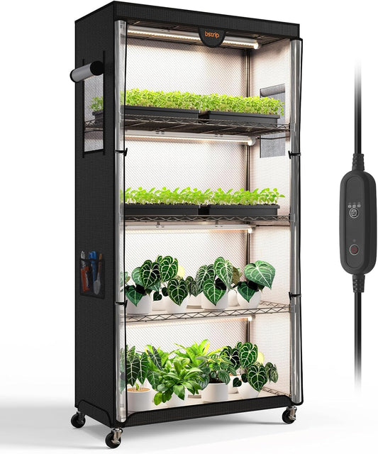 Indoor Greenhouse with Grow Light, Plant Stand with 4 Pack 24W Full Spectrum Plant Lights , Plant Shelf with Tent for Indoor Plant, Seed Starting, Seed Tray, 29.5"x13.8"x59"