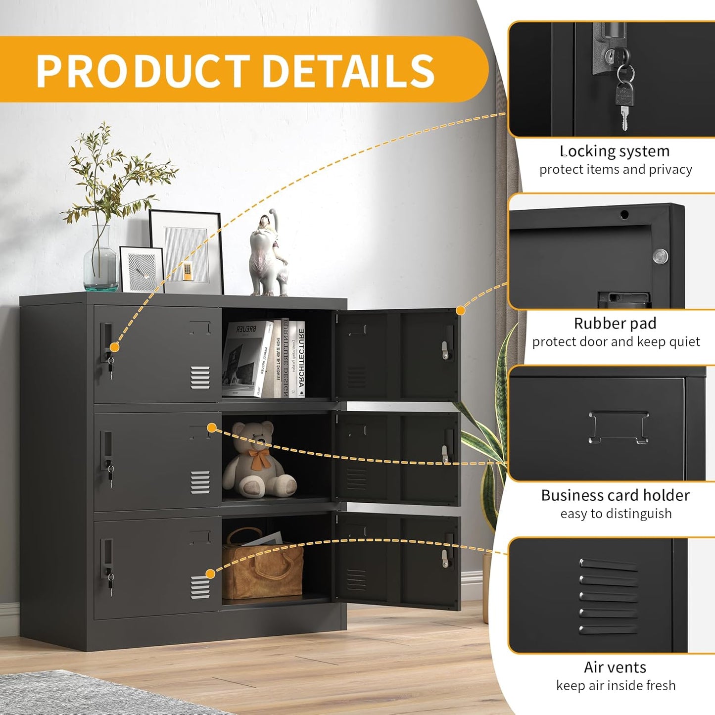 Employee Storage Locker,Metal Locker for Employees Office Steel Gym Lockers with Card Slot,Office Storage Lockers for Home,School(Black) (9Door-New)