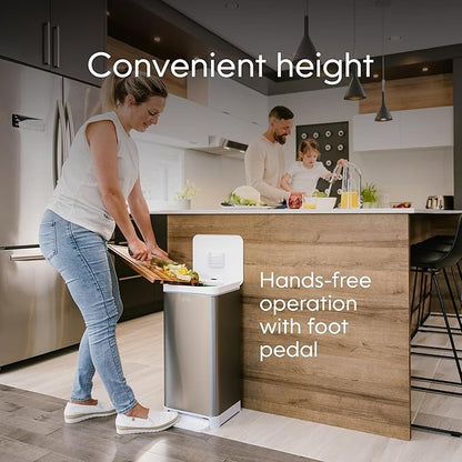 Kitchen Compost Bin, Silver Stainless-Steel Large, 3.6 Gallon, Indoor Odorless Composting, Hands-Free, Washable Parts, Includes 8 Tear-Off Compostable Bags and 1 Carbon Filter