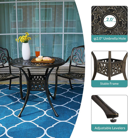 MEETWARM 3 Piece Patio Bistro Set, Outdoor All-Weather Cast Aluminum Dining Furniture Set Includes 2 Chairs and a 31” Round Table with Umbrella Hole for Garden Deck