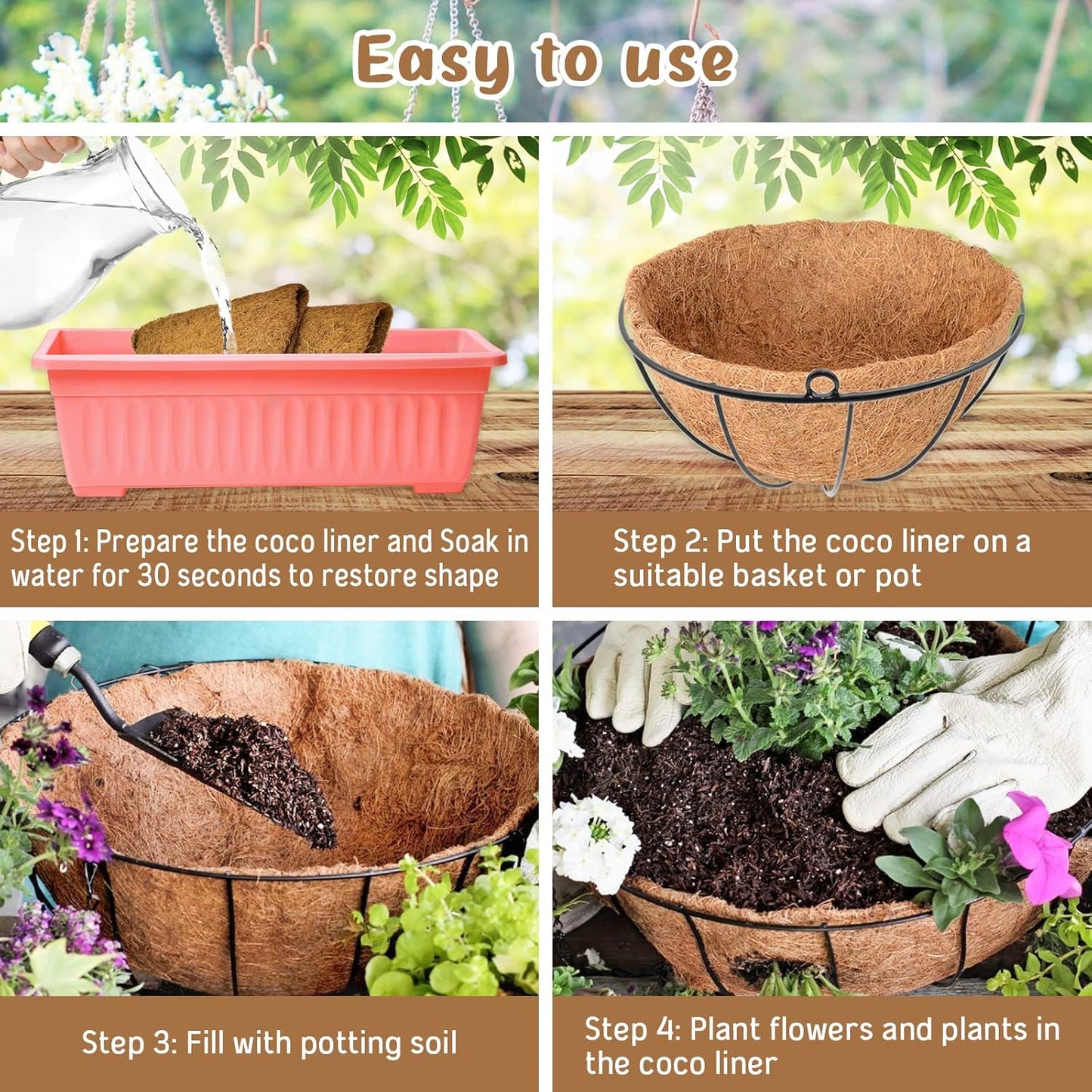 Legigo 3 Pack 20 Inch Hanging Basket Coco Liners Replacement, 100% Natural Round Coconut Coco Fiber Planter Basket Liners for Hanging Basket Flowers/Vegetables