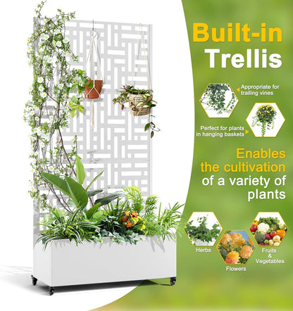 FENCY Metal Raised Garden Bed with Wheels and Trellis,73"x35"x16" Planter Box for Climbing Plants, Vegetables & Vines, Features Privacy Screen and Drainage Holes (White-Geometric Lattice)