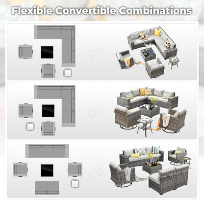 ovios 9 Pieces Patio Furniture Set, Outdoor Wicker Sectional Sofa with 2 Swivel Chairs Coffee Table, Modern Modular Deep Seat Rattan Couch Conversation Sets, Beige
