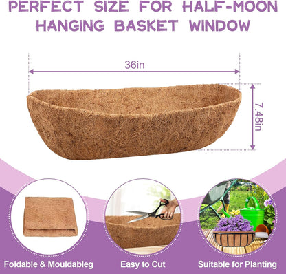 Riare 4 Pack 36 Inch Trough Coir Liners for Planters, Pre-Formed Coconut Coir Replacement Natural Coco Fiber Window Box Liners for Wall Planter, Window Basket Deck Railing Planter