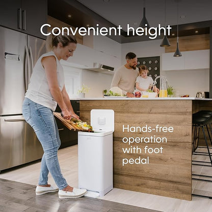 Kitchen Compost Bin, White Stainless-Steel Large, 3.6 Gallon, Indoor Odorless Composting, Hands-Free, Washable Parts, Includes 8 Tear-Off Compostable Bags and 4 Carbon Filters