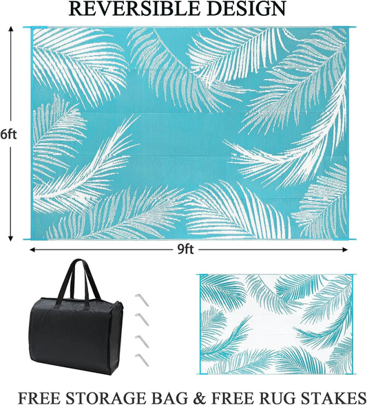Pauwer Waterproof Outdoor Rug 6x9, Reversible Plastic Straw Patio Camping Rug, Indoor Outdoor RV Mat Carpet for Deck, Camper, Porch, Balcony, Backyard, Picnic, Leaf Teal