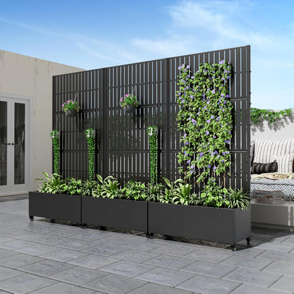 Casaphoria Metal Raised Garden Bed with Trellis and Wheels, 72"x35"x16" Planter Box for Climbing Plants, Vegetables & Vines, Features Drainage Holes and Privacy Screen (Black-Fence)