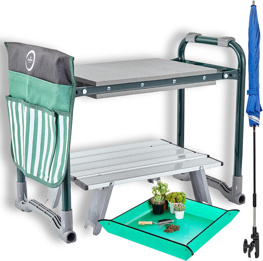 Garden Kneeler Seat Bench, Garden Kneeling Bench with Sunshade Umbrella, Ergonomic Handles, Folding Table, and Potting Mat, 10.2" Foam Knee Seat, Loading Capacity 330 Lbs