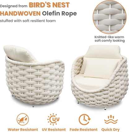 Front Porch Furniture Set 3 Piece: Aluminum Woven Rope Patio Conversation Sofa Set for 2 - Assembled Outdoor Deck Couch Armchair Set Cushions - for 400lb Balcony Pool Yard Bistro Hotel Lanai - Beige