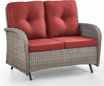 HUMMUH 2-Person Outdoor Glider Bench-All-Weather Wicker Patio Double Swing Rocking Chair Patio Loveseat for Deck Lawn Porch Balcony Poolside-Grey/Red