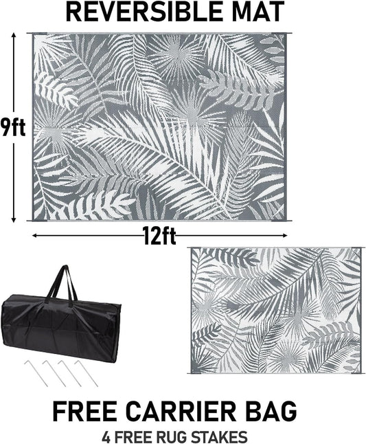 HiiARug Outdoor Reversible Plastic Straw Rug, 9'x12', Cool Gray, Large Patio Mat for RV, Backyard, Deck, Picnic, Beach, Trailer, Camping