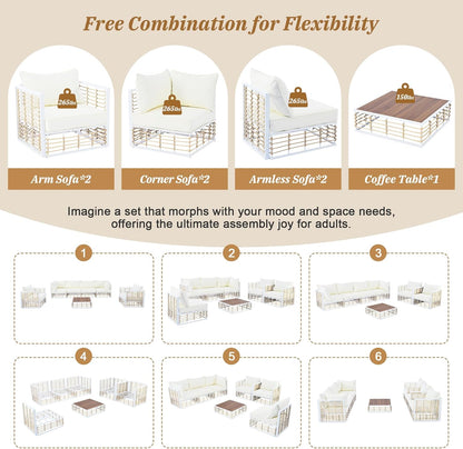 7-Piece Metal Patio Sectional Sofa Set, Free Combination Sofa Set with Coffee Table, All-Weather Garden Conversational Furniture Set with Thick Cushions and 8 Pillows (White Frame+Beige Cushion)