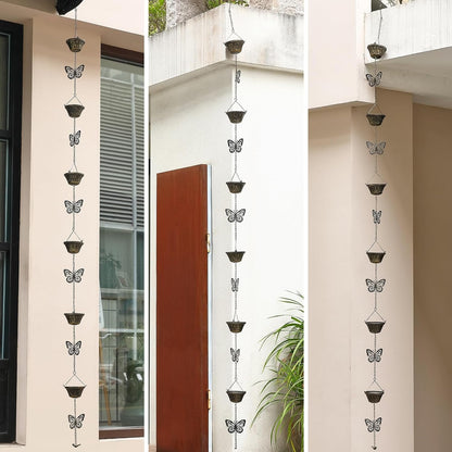 8.5FT Rain Chains for Gutters Downspouts, Butterfly and Cup Rain Gutter Chain, Functional and Decorative Replacement Rainchains for Downspout, Metal Rain Catcher Chimes for Outside, Vintage Copper
