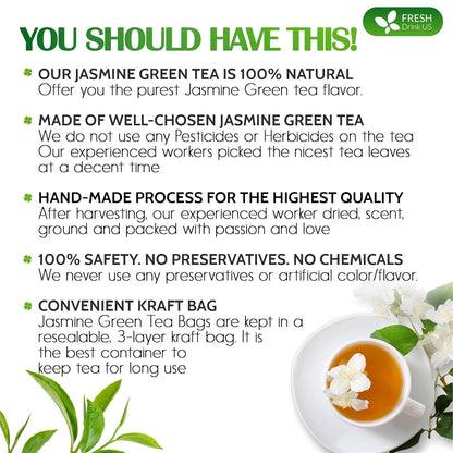 FreshDrinkUS, Premium 55 Jasmine Green Tea Bags, 100% Natural & Pure from Jasmine Green Tea. Jasmine Green Herbal Tea. Made with Natural Material Tea Bags. No Sugar, No Gluten, Vegan.