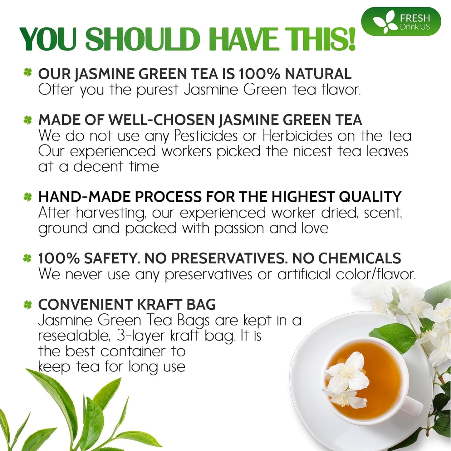 FreshDrinkUS, Premium 40 Jasmine Green Tea Bags, 100% Natural & Pure from Jasmine Green Tea. Jasmine Green Herbal Tea. Made with Natural Material Tea Bags. No Sugar, No Gluten, Vegan.