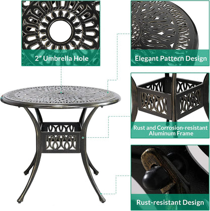 VIVIJASON 3-Piece Patio Bistro Sets, All-Weather Cast Aluminum Bistro Table Set Outdoor Patio Furniture, Include 2 Cushioned Chairs and 35.4" Round Table, 2" Umbrella Hole