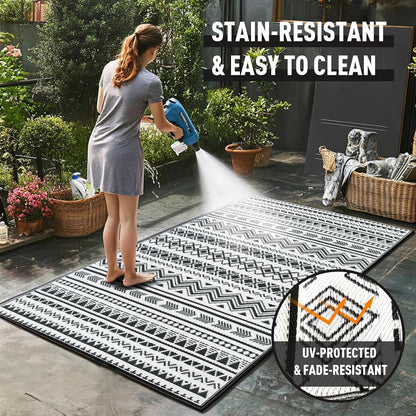 WILDROOTS 8x10 Feet Black and White Plastic Outdoor Rug, Stain Resistant Waterproof Reversible Outdoor Patio Rug, Fade Resistant Camping Rug