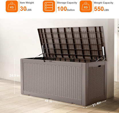 100 Gallon Resin Deck Box, Lockable Patio Outdoor Storage Box for Furniture, Garden Tools and Tools Storage, Waterproof Outside Storage Boxes - Grey