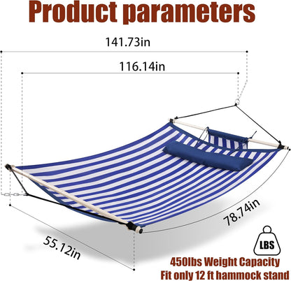 TegerDeger Anti-flip 12FT Hammock Large Hammock 450LB Capacity with Iron Spreader Bar & Nylon Rope for Outside, Patio, Garden, Backyard, Beach - Blue Strips