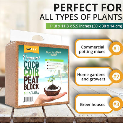 Coco Coir Brick 11 LB (5kg) - Premium Compressed Coconut Fiber Block for Indoor Plants, Seed Starting & Hydroponics - Low Salt Triple Washed - Expands to 75 Quarts - 100% Natural Peat Alternative
