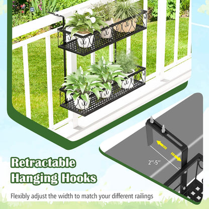 LDAILY 2-Tier Hanging Flower Rack, Hanging Flower Pot Holder w/Adjustable Hooks, Railing Basket Shelf Metal Potted Plant Container for Balcony, Porch & Fence, Easy Assembly, Black