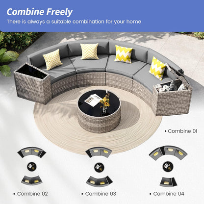 Patio Sectional Furniture Outdoor 7-Piece Grey Rattan Curved Sofa Set with Storage Table, Fit for Pool Backyard Balcony Porch Lawn (Grey)
